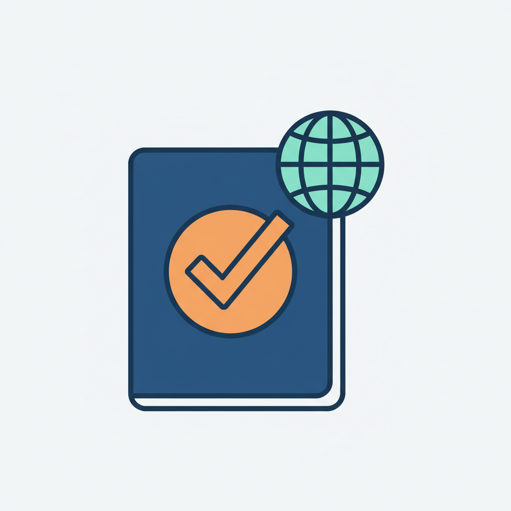 Colorful flat icon representing visa and residency process: modern passport with a checkmark stamp and small globe, using a limited but vibrant color palette (deep blue, warm orange, soft teal) on a very light background, minimal but friendly style, suitable as a small service icon for a premium real-estate and immigration advisory website.