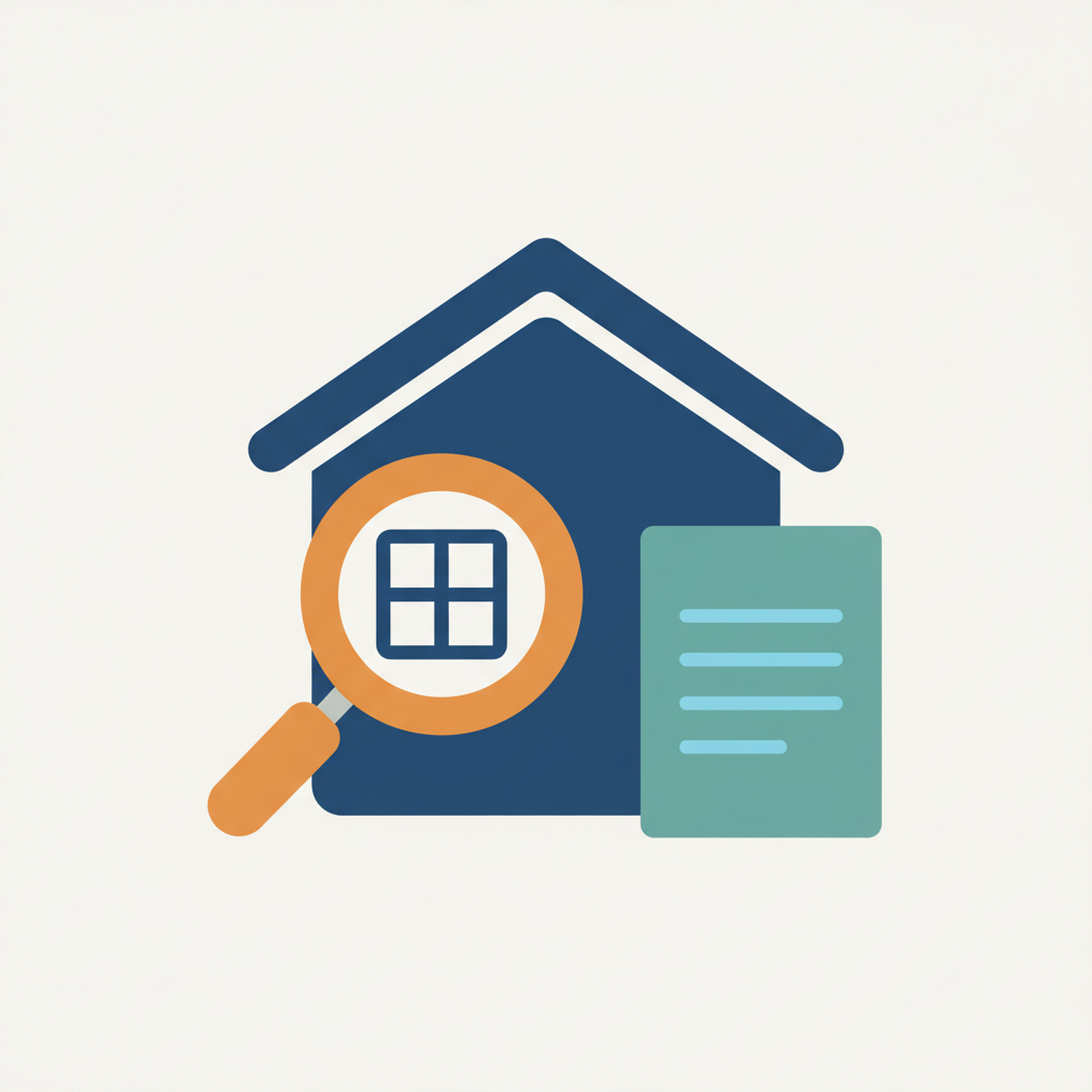 Colorful flat icon representing property advisory: a stylized building or house with a magnifying glass and a document or checklist, using a limited but vibrant color palette (deep blue, warm orange, soft teal) on a very light background, minimal but friendly style, suitable as a small service icon for a premium real-estate and immigration advisory website.