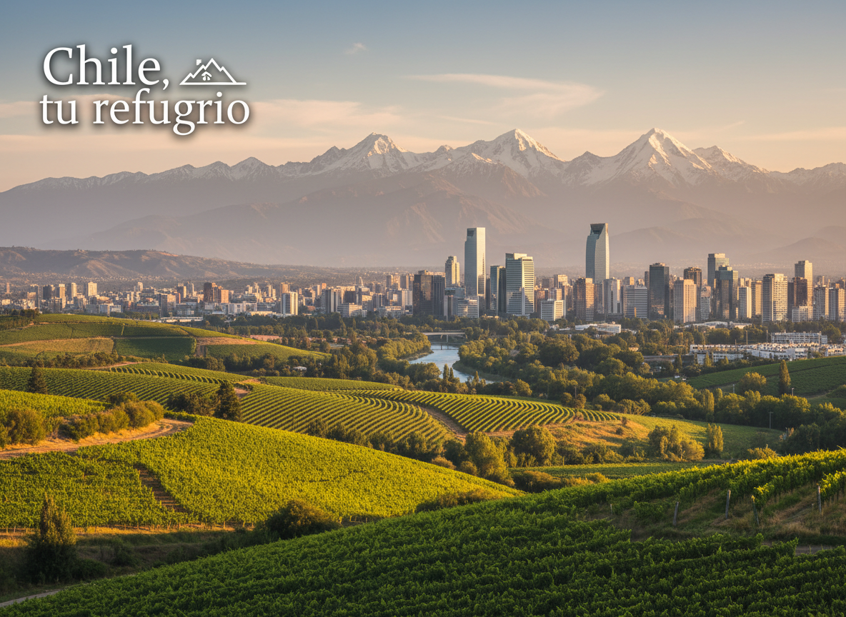 Bright, welcoming panoramic landscape of Chile with mountains, vineyards, and modern city skyline at golden hour, in a light, optimistic style suitable for a professional relocation and real estate advisory website called "Chile, tu refugio"